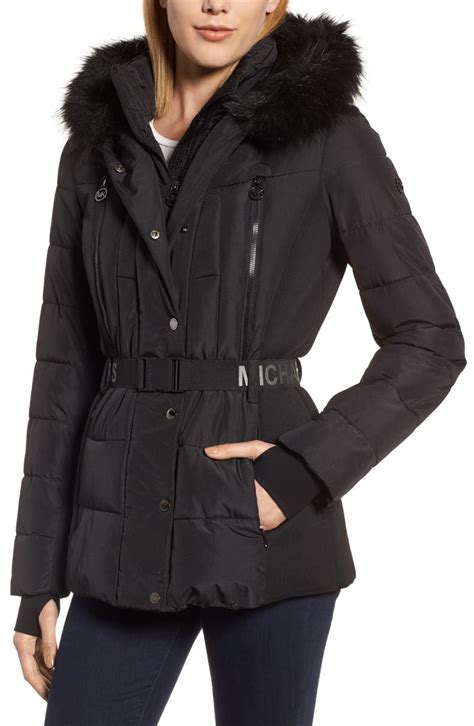 michael kors faux fur trim puffer coat|Michael Kors navy puffer coat.